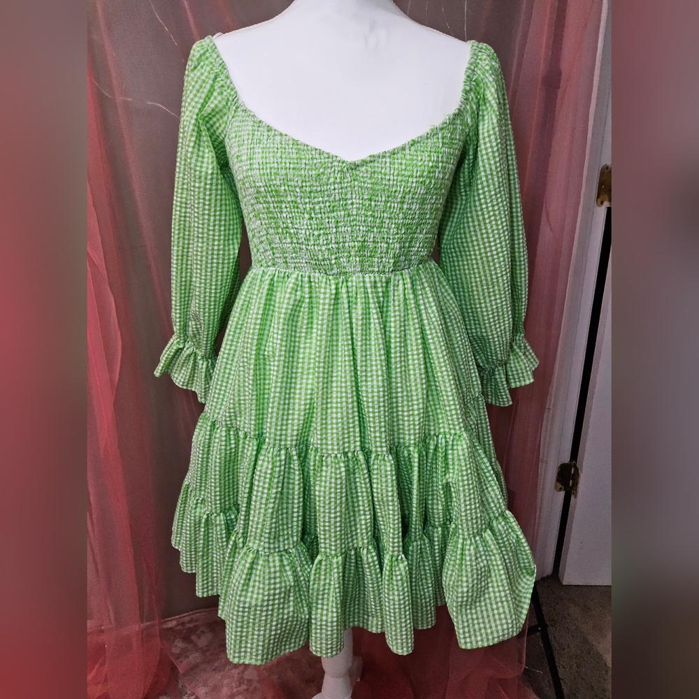 Mable green and white gingham smocked babydoll dress, Medium